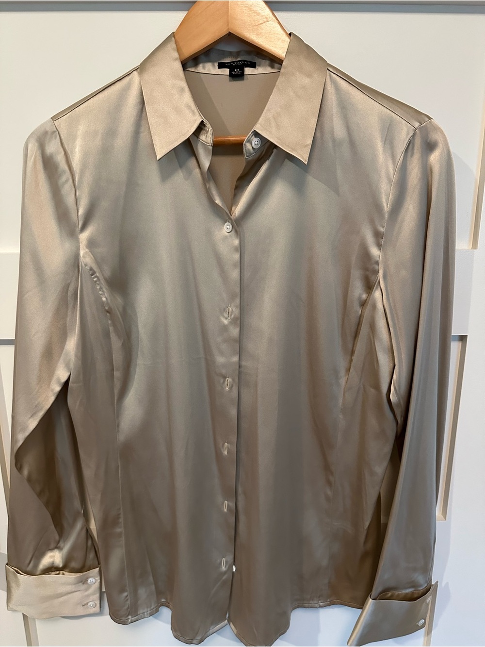 Ann Taylor Satin Button-Up Blouse in Champagne Beige